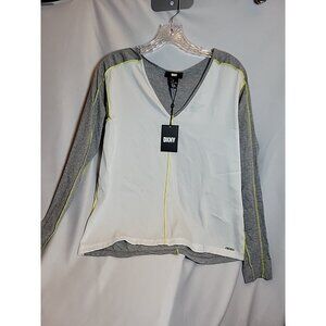 Dkny Women's White Gray Mixed-Media V-Neck Long Sleeve Top Size S